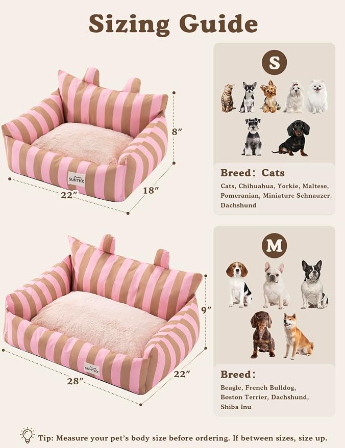 Cat Couch, Reversible Pet Bed for Indoor Cats – 2-Sided Cat Sofa with Oxford Fabric and Plush Fleece, Washable Small Dog Couch for Puppies and Senior Pets, Non-Slip Bottom, 22 inch, Pink Brown
