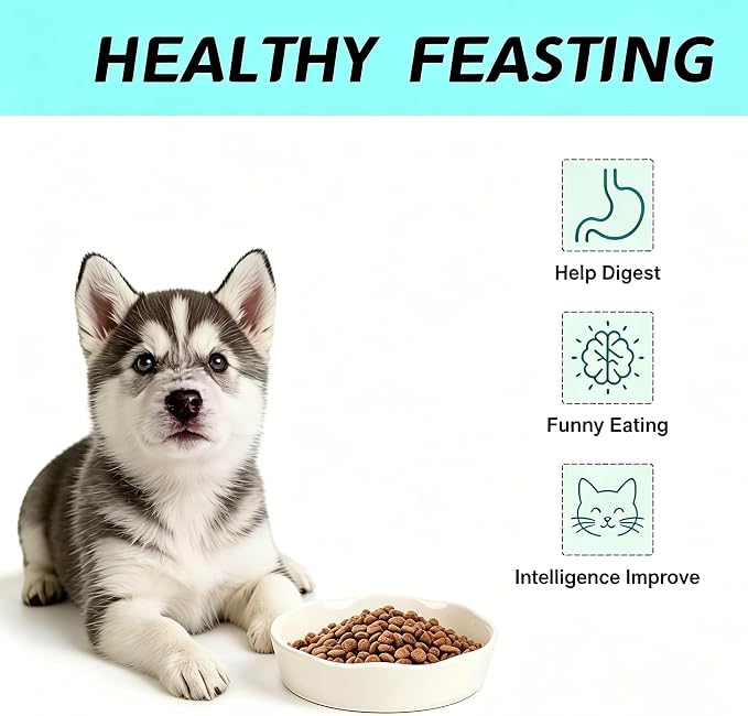 Pet Feeding Bowls, Ceramic Slow Feeder Dog Bowl - Heavy Weighted Blue Bloom Food Dish for Small to Medium Dogs - Non-Slip, Microwave & Dishwasher Safe Pottery Maze to Fast Eating (Milky White)