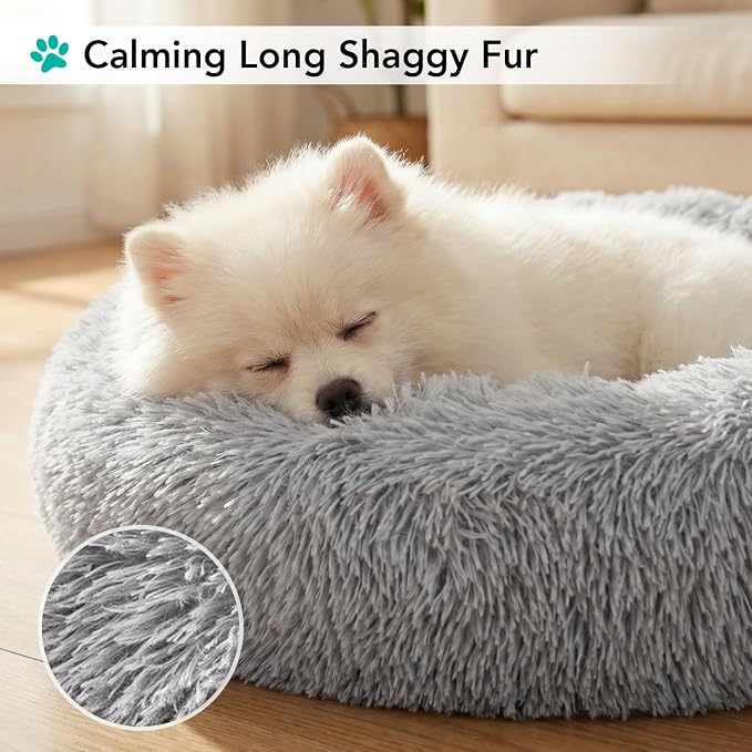 PetAmi Calming Dog Bed for Small & Medium Dogs, Cats & Puppy, Warming Round Donut Cuddler Bed, Anti-Anxiety Fluffy Shaggy Faux Fur Pet Bed, Machine Washable, Non-Slip Bottom, 23 Inch - Light Gray