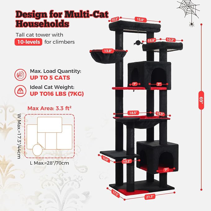 69” Gothic Cat Tree for Indoor Cats Large Adult, Multi-Level Cat Tower with Scratching Post, Dual Top Perches, Big Hammock, 2 Condos & Bat Toy Ball, Cat Furniture for Multi-Cat Households, Black