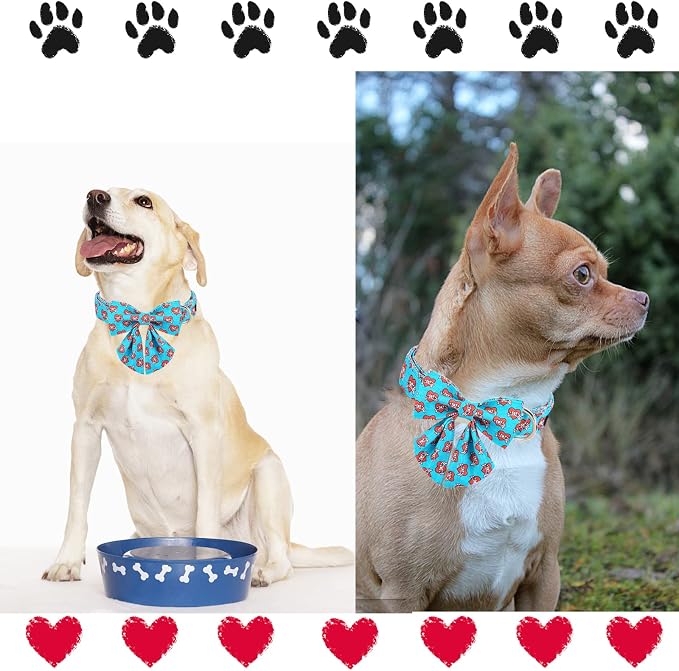Unique style paws Valentine's Day Dog Collar with Tie Blue Heart Puppy Collar Best Gift for Small Medium Large Boys Girls-S