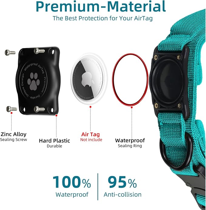 Tactical AirTag Dog Collar, 100% Waterproof Integrated Apple Air Tag Dog Collars with Hard PC AirTag Holder, Adjustable Military Collar with Handle, GPS Dog Collar for Medium Large Dogs(Blue,L)