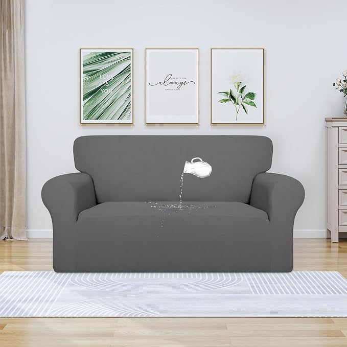 PureFit 100% Dual Waterproof Couch Cover Slipcovers for Couches and Sofas - Stretch Non Slip Fleece Sofa Covers Washable, Leakproof Furniture Protector for Kids, Pets, Dog (Loveseat, Gray)