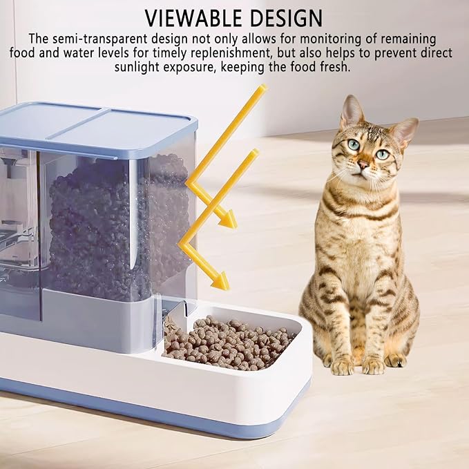 kathson Gravity Cat Food and Water Dispenser Automatic Dog Feeder Waterer 2 in 1 Auto Pet Food and Water Bowl Set Self Feeding for Puppy Kitten，Blue
