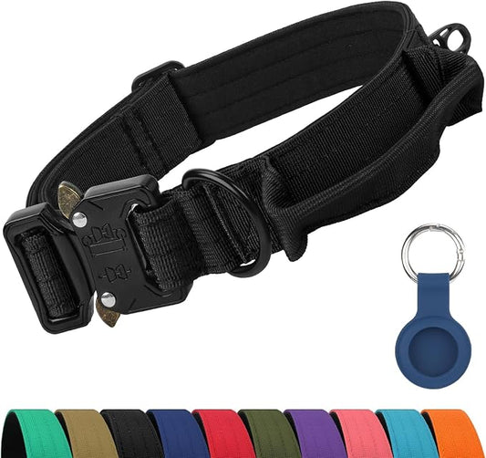 Joytale Tactical Dog Collar for Medium Dogs with Control Handle, Heavy Duty Military Training Collar for Power Breeds, AirTag Holder Case, Quick Release Metal Buckle, Soft Padded, M, Black