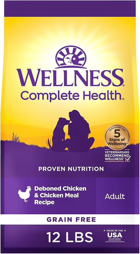 Wellness Complete Health Adult Dry Dog Food, Grain Free Kibble, Natural, Chicken Recipe, 12 lb Bag