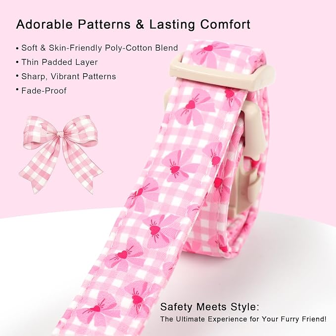 Girl Dog Collar Pink Gingham Bow Dog Collars for Puppy Small Dogs - Lightweight Adjustable Girly Spring Female Dogs Everyday Collar with Safety Buckle XS