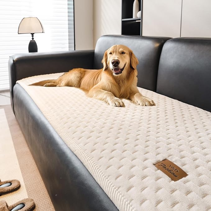 Couch Covers for Dogs Washable, Velvet Dog Couch Cover Protector, Fuzzy Plush Pet Sofa Cover for 3-4 Cushion Couch, Sofa Covers for Pets(1PC,Beige White,27.6"x94.5",3-4 Seater Sofa Pad Cover)