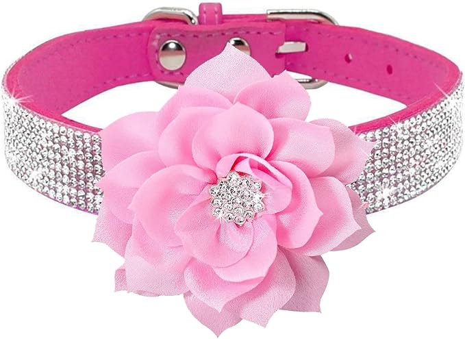 Rhinestone Dog Collar, Cute Dazzling Sparkling Soft Suede Leather Dog Cat Rhinestone Collar Crystal Diamond Pet Dog Puppy Collar (Hot Pink5, XXS), XX-Small