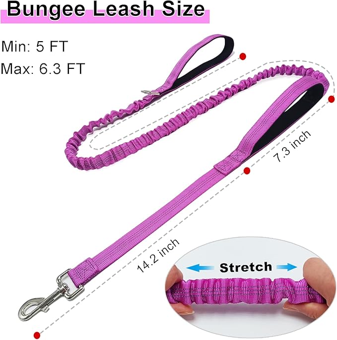 5FT Bungee Dog Leash with 2 Handles, Reflective Strong Nylon Traffic Leash with Shock Absorbing for Large Medium Dogs Walking Training Controlling, Purple