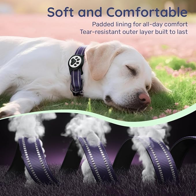 Airtag Dog Collar, Reflective Ultra-Durable Nylon Padded with QR Buckle & IP68 Waterproof Air Tag Holder Compatible for Apple AirTag, Comfortable for Small Medium Large Dogs (Purple,XL)