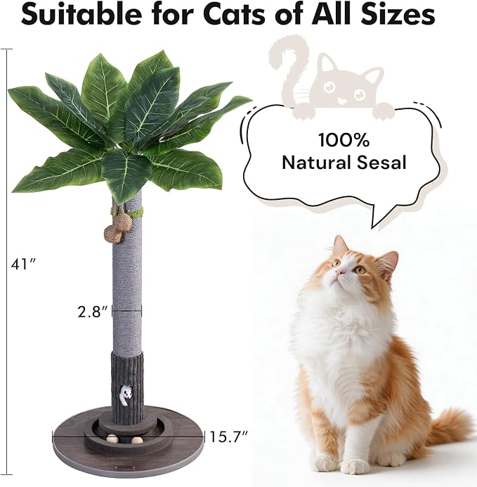 Woochpet 35" Tall, Sisal Cat Scratcher with Mouse Toy and Track Balls, Palm Tree Design Scratch Pole for Kittens Grey Base