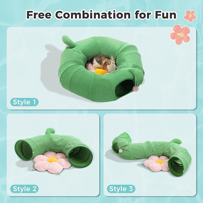 PAWZ Road Cactus Cat Donut Tunnel Collapsible Cat Tunnel Tube, Dia-38 inches with Flower Soft Mat for Indoor Cats and Rabbits