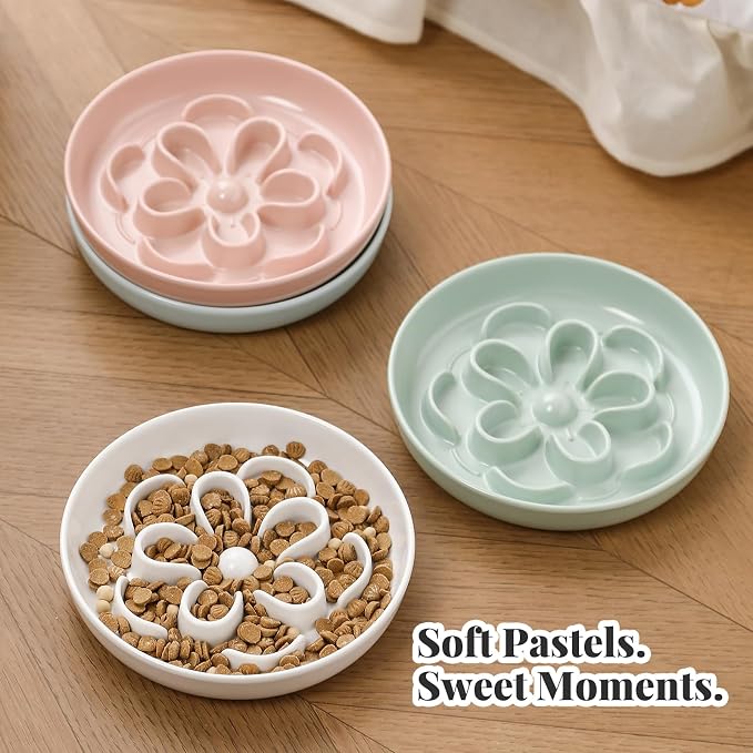 Melamine Cat Slow Feeder Bowl Set - Floral Maze Food Dishes for Cats and Small Dogs - Shallow Wide Plates for Dry & Wet Food - 3 Pack - White & Green & Blue