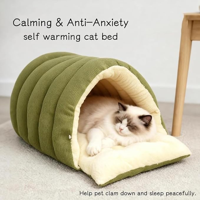 Cozy Monster Cat Bed, Warm Winter Cat Cave with Removable Cushion, Calming Anti-Anxiety Sherpa Fleece Pet Bed for Indoor Cats & Small Dogs, Washable 360° Nesting Design (C - Green, Small)
