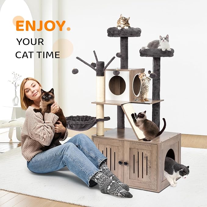VINGLI Cat Tree Tower with Litter Box, 54" H All-in-1 Wooden Cats Condo, Cat Tower wih Scratching Posts, Houses for Indoor Kittens Hidden Cat Washroom Furniture (Gray & Wood, 54" H)