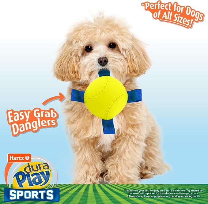 Hartz Dura Play Sports Baseball Dog Toy, Bacon Scented Squeaky Latex Yellow & Blue Toy, 1 Count