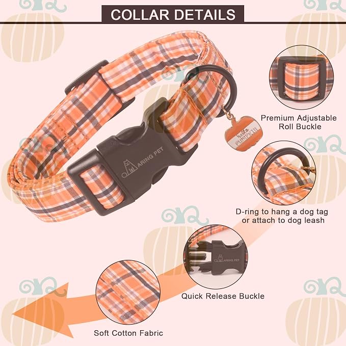 ARING PET Puppy Fall Dog Collar, Autumn Orange Black White Plaid Pet Collars for Small Medium Large Girl Boy Dogs Halloween-S Size