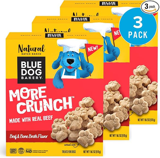 Blue Dog Bakery More Crunch Medium Beef & Bone Broth Dog Treats, Dog Biscuits for Large Breeds, Healthy Treats, All Natural, 18 oz (Pack of 3)