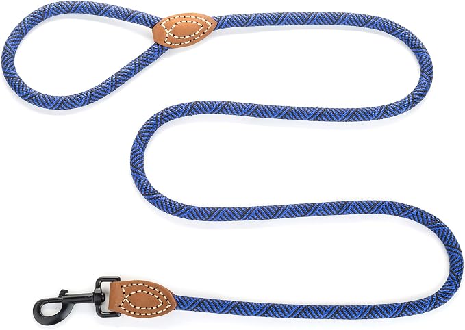 Mile High Life Rope Leash with Genuine Leather Connection, 6 FT/5 FT/4 FT, Heavy Duty Leash for Medium & Large Dogs (Blue, 48 Inch)