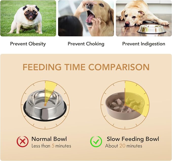 Havniva 7.3” Raised Slow Feeder Dog Bowls Set, 1.2 Cups Ceramic Slow Feeder Dog Bowl and 6.1” Dog Water Bowl with Elevated Wooden Stand Puzzle Dog Food Bowl for Small Dogs Anti-Gulping & Anti-Choking