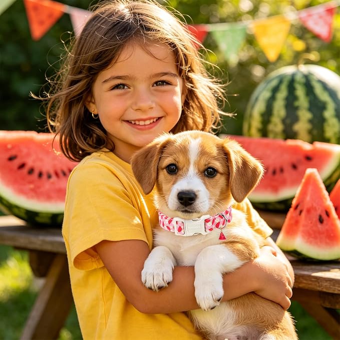 Summer Watermelon Dog Collar for Girly Dogs- DOGWONG Spring Summer Girl Pink Flower Pattern Dog Collar, Adjustable Soft Cute Dogs Collars for Medium Dogs, M
