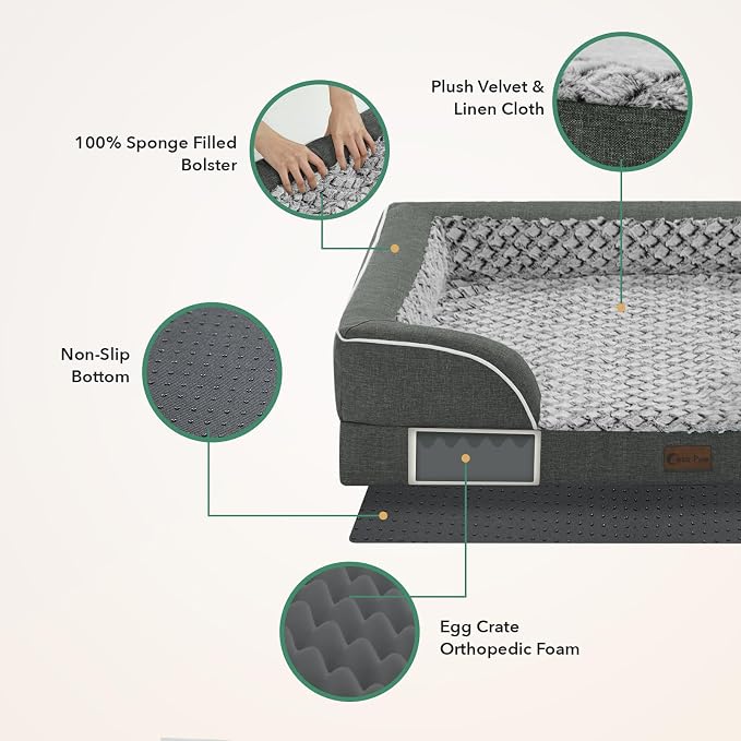 Orthopedic Dog Beds for Large Sized Dogs 35x22 Inch, Medium Waterproof Egg Crate Foam Dog Sofa Bed with Removable Washable Cover Pet Couch with Bolster Side & Non-Slip Bottom, Dark Grey