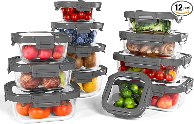 12-Pack Glass Containers with Tempered Lids – Borosilicate, Oven-Safe(-4°F~950°F), Airtight, BPA-Free, Multi-Size for Meal Prep, Dishwasher Safe, 1.6 cups to 6.4 cups (Gray)
