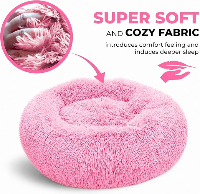 Whiskers & Friends Cat Beds for Indoor Cats, Fluffy Calming Donut Cat Bed, Small Dog Bed Washable - Orthopedic Soft Plush Pet Beds Sized for Kitten to Large Cats & Puppy to Small Dogs - Gradient Pink