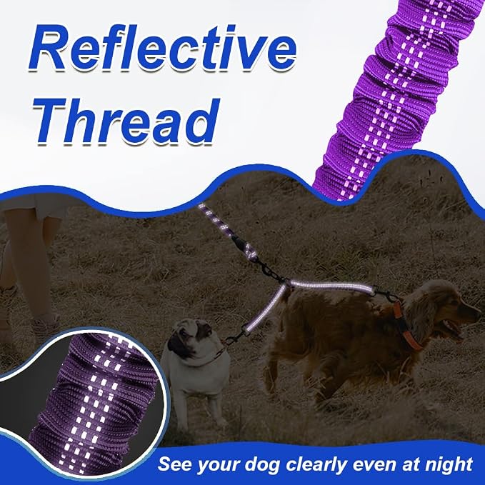 MingXpets Double Dog Leash, Dual Dog Leash, 360° Swivel Tangle Free Bungee Walking Training for Large Medium Dogs, Shock Absorbing Bungee Reflective for Two Dogs, 18~120 lbs, Purple