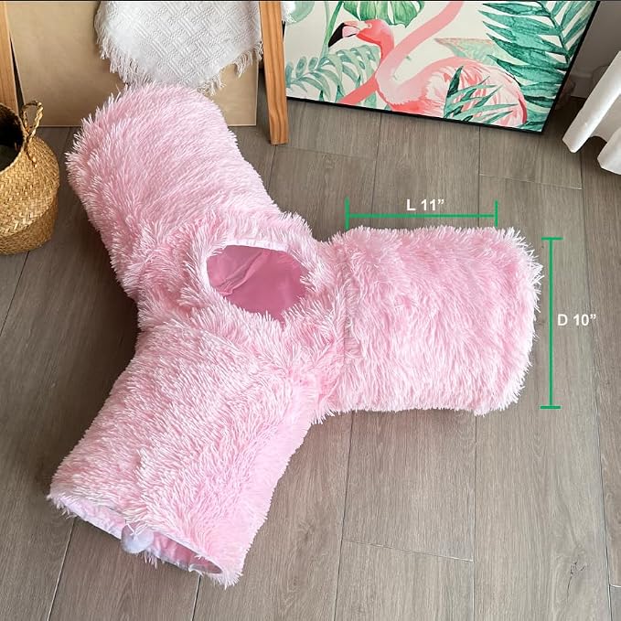 3-Way Collapsible Cat Tunnel Tube Toy Pink Plush — Interactive Play Tunnel with Hanging Ball & Peek Hole for Indoor Cats, Kittens, Puppies & Rabbits | Hours of Fun & Exercise