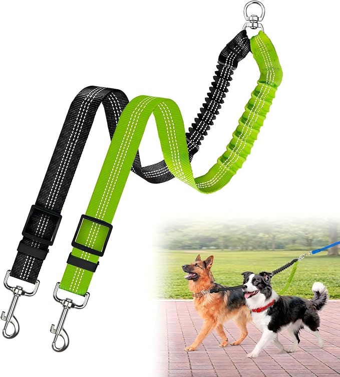 Double Dog Leash for Two Dogs, Professional No Tangle 360° Swivel Coupler with Shock Absorbing Bungee, Adjustable Length Dual-Sided Reflective Two Dogs Lead Splitter for Small Medium Large Dog