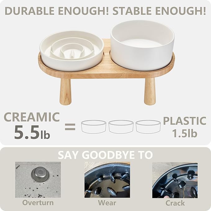 Ceramic Slow Feeder and Water Bowl Set for Small Dogs, 6.0 Inch Ceramic Dog Bowls Elevated with Wooden Stand, 0.6 Cups Dog Slow Feeder(14oz) and 30oz Water Bowl Set, White