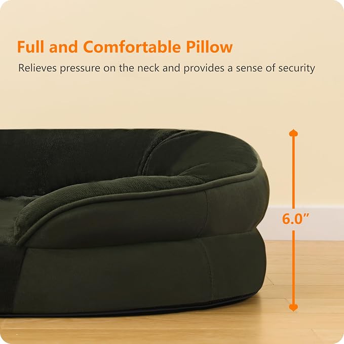Dwanton Orthopedic Dog Bed for Large Dogs with Gel Memory Foam, Waterproof Dog Sofa, Washable Pet Bed with Four Sided Bolster Cushion, Removable Cover & Non-Slip Bottom, 38", Green