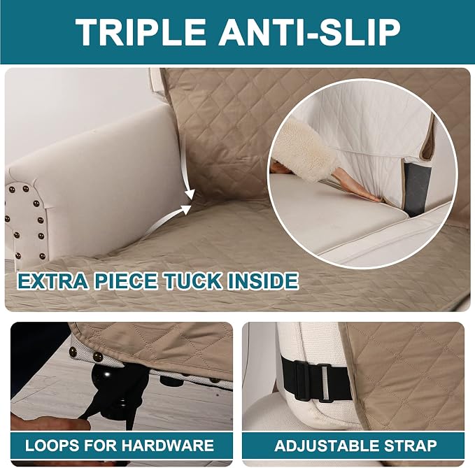 Turquoize 100% Waterproof Sofa Covers Chaise Lounge L Shape Sofa Protector Slip Cover Triple Non-Slip Sofa Slipcover for Sectional Couch Cover for Pets, Kids (Chaise, Khaki)