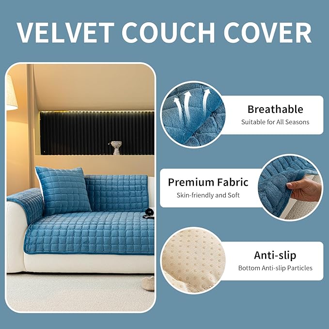 Velvet Couch Cover, Plush Sectional Sofa Cover Washable, Anti Slip Sofa Slipcover for Loveseat, Furniture Protector Covers for Pets & Kids(1PC, Teal Blue, 35.4"×47.2", Loveseat)