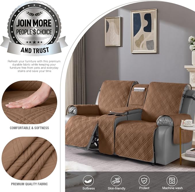 TAOCOCO Loveseat Recliner Cover with Center Console, 100% Waterproof Pet Covers for Dual Recliner with Straps Design, Split Reclining Loveseat Cover Furniture Pet&Kids Protector (2 Seater, Brown)