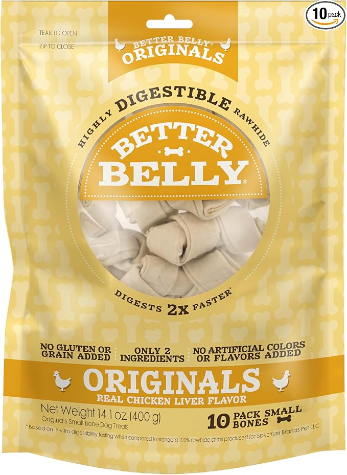 Better Belly Chicken Liver Rawhide Small Dog Bones, 10-Count