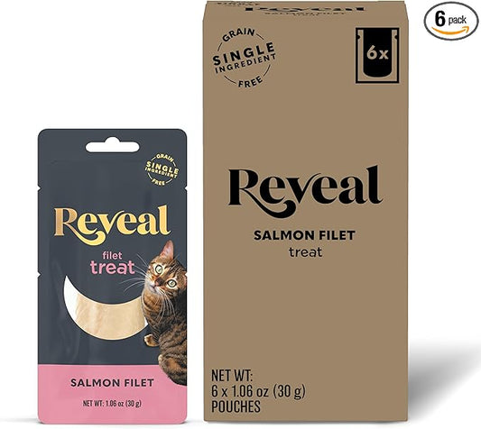 Reveal Natural Cat Treats, 6 Count Single Ingredient Treat for Cats, Grain Free, Whole Salmon Loin, 1.06 oz Bags