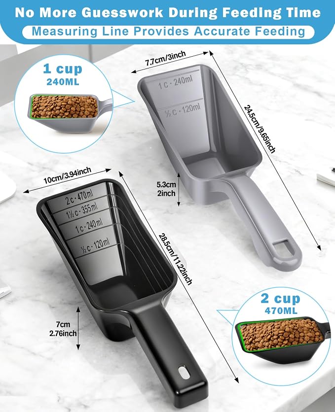 2-Pack Dog Food Scoop Set,1 Cup and 2 Cup Plastic Pet Food Measuring Scoops with Clear Measurement Lines,Multi-Purpose Pet Food Scooper for Dogs, Cats (Grey and Black)