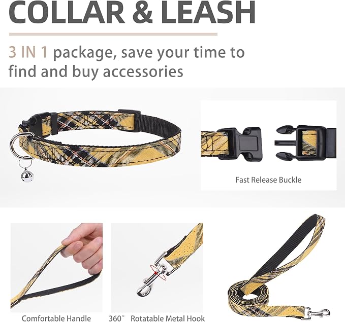 PUPTECK Adjustable Dog Harness Collar and Leash Set Step in No Pull Pet Harness for Small Medium Dogs Puppy and Cats Outdoor Walking Running, Soft Mesh Padded Reflective Vest Harnesses, Yellow, XL