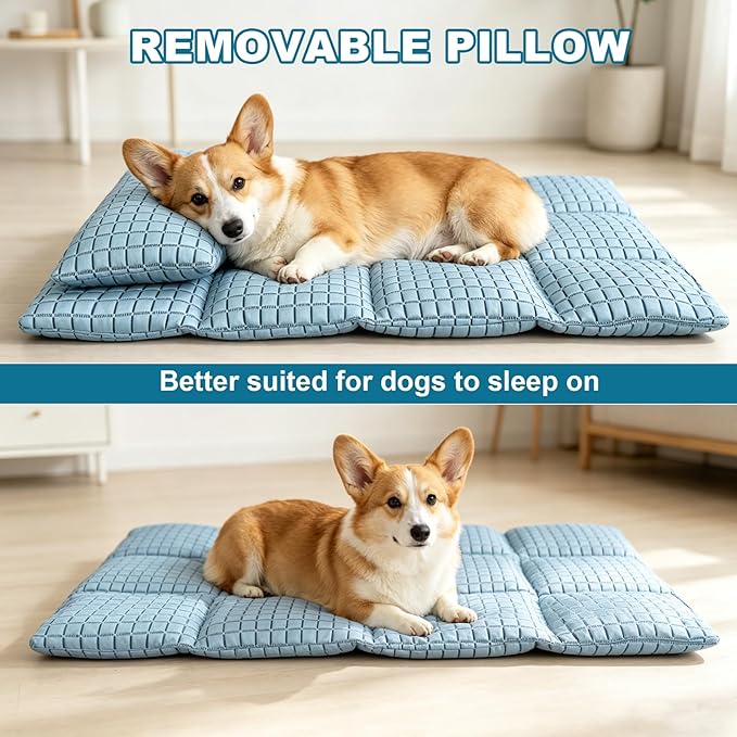 GOLOPET Medium Dog Cooling Mat with Pillow, 28x18in | Polymer Ice Silk Fabric,Upgrade The Heat Dissipation Structure,Soft PP Cotton Filling Material