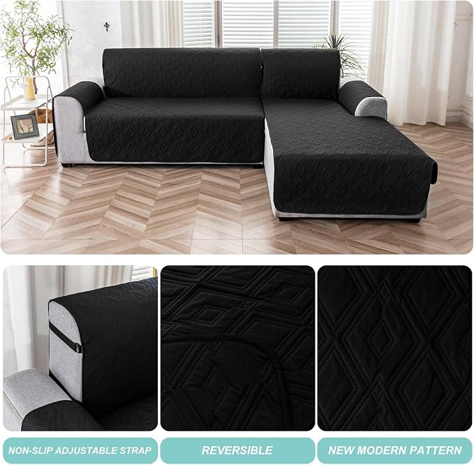 Genina Sectional Couch Covers for Dogs L Shaped Sofa Covers Chaise Lounge Cover Reversible Sofa Cover Sectional Furniture Protector for Pets, Kids (Black, X-Large)