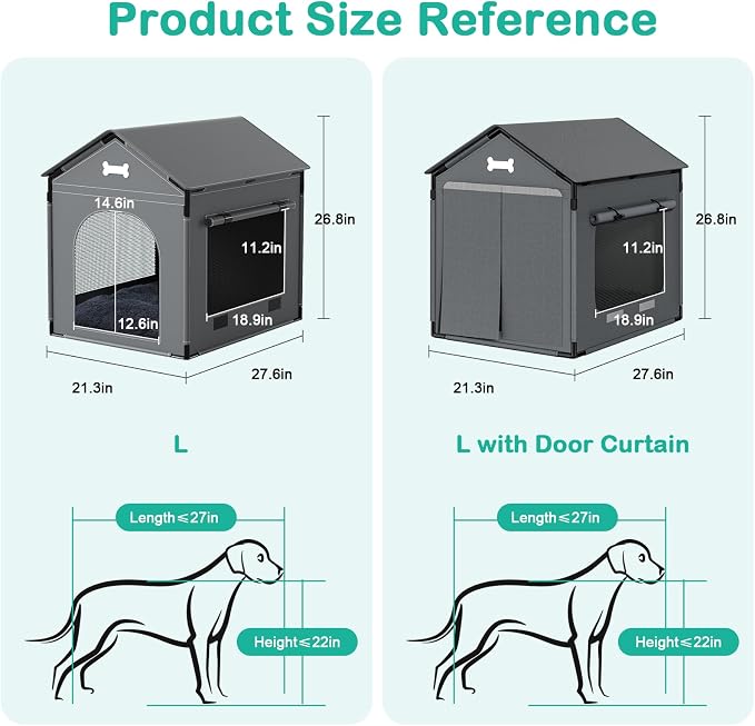 Dog House Indoor Outdoor Dog Kennel with Cushion for Small Medium Dogs Cats, Cozy Cooling Cat Nest Puppy Cave Sofa Pet Products Easy Assembly Grey, L w/Door Curtain: 27.6" L x 21.3" W x 26.8" H