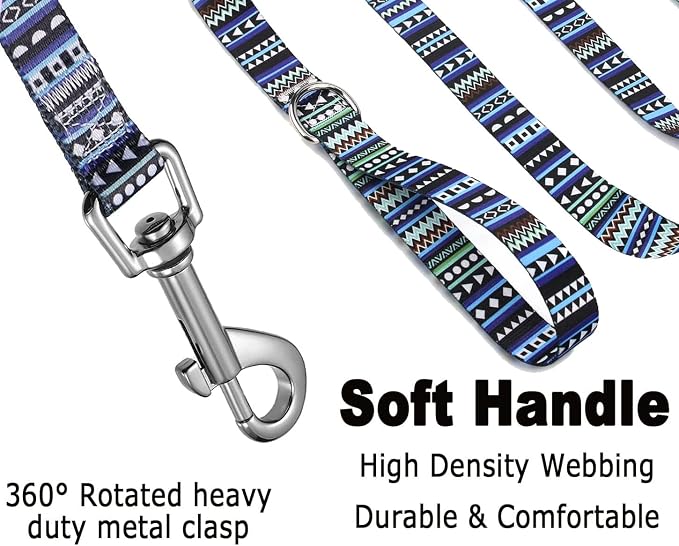 Mihqy Dog Collar and Leash Set with Bohemia Floral Tribal Geometric Patterns - Soft Ethnic Style Collar Adjustable for Small Medium Large Dogs(Bohemian Blue Set,M)