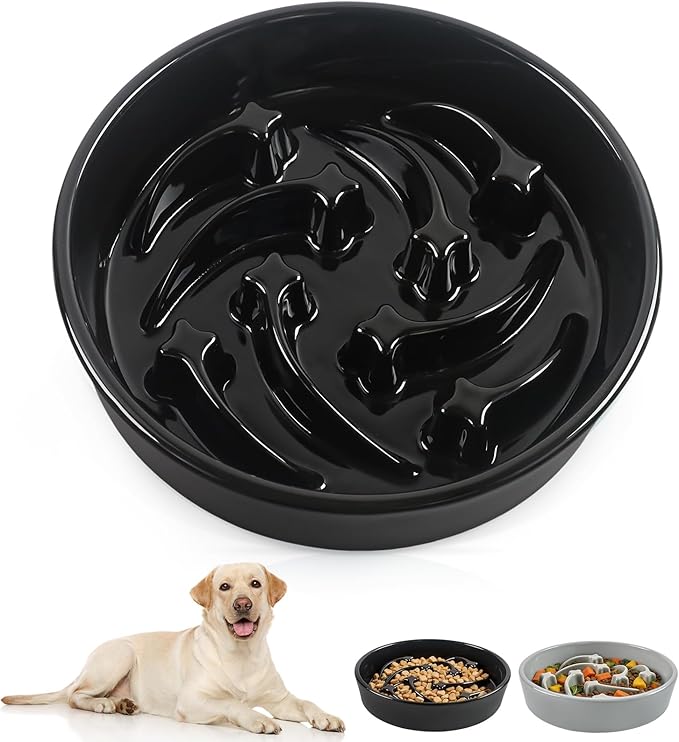 Ceramic Slow Feeder Dog Bowls, 2 Cups Dog Food Dish for Medium and Large Breed, Puzzle Dog Food Bowl for Fast Eater, 28OZ, 8.15 inch(Black)