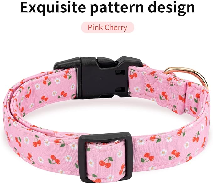 Personalized Dog Collars,Adjustable Puppy Collars with Safety Buckle for Small Medium Large Dogs,Cute and Unique Pink Cherry Pattern Pet Collar for Boy Girl Dogs. (Pink Cherry, Medium)