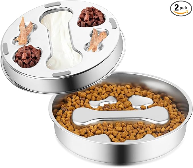 Stainless Steel Slow Feeder Dog Bowls,Slow Food Bowl for Dog & Cat - 2 Cups Capacity,Bone-Shaped Design Pet Food Holder,Metal Non-Slip Lick Plate,Puzzle Maze Dish for Small Sized Breeds