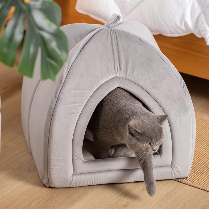KASENTEX Cat Bed for Indoor Cats, 2-in-1 Cat House Pet Bed and Pet Supplies for Kitten and Small Cat or Dog - Animal Cave, Cat Tent with Removable Machine Washable Pillow Cushion (Grey 15x15x15)