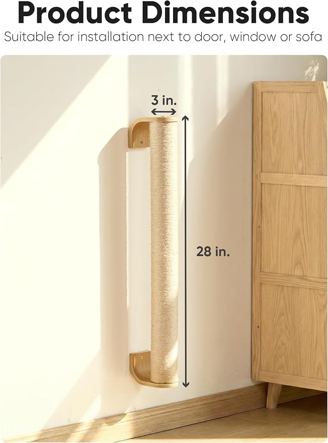 FUKUMARU Cat Wall Scratcher, 28" Wall Mounted Kitten Scratching Post, Sturdy Sisal Climbing Tree for Indoor Cats